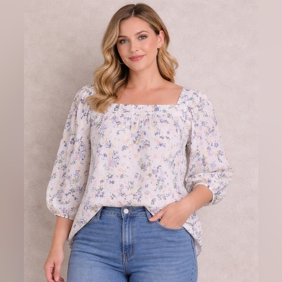 Chaps Tops - Chaps White Floral Off-Shoulder Puff Sleeve Blouse